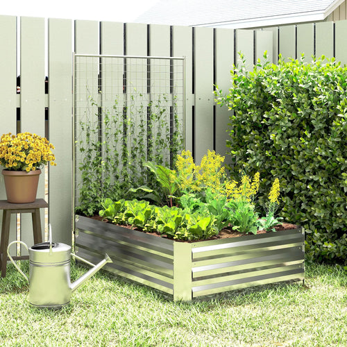 Galvanized Raised Garden Bed With Trellis, Planter Box, Open Bottom, Silver