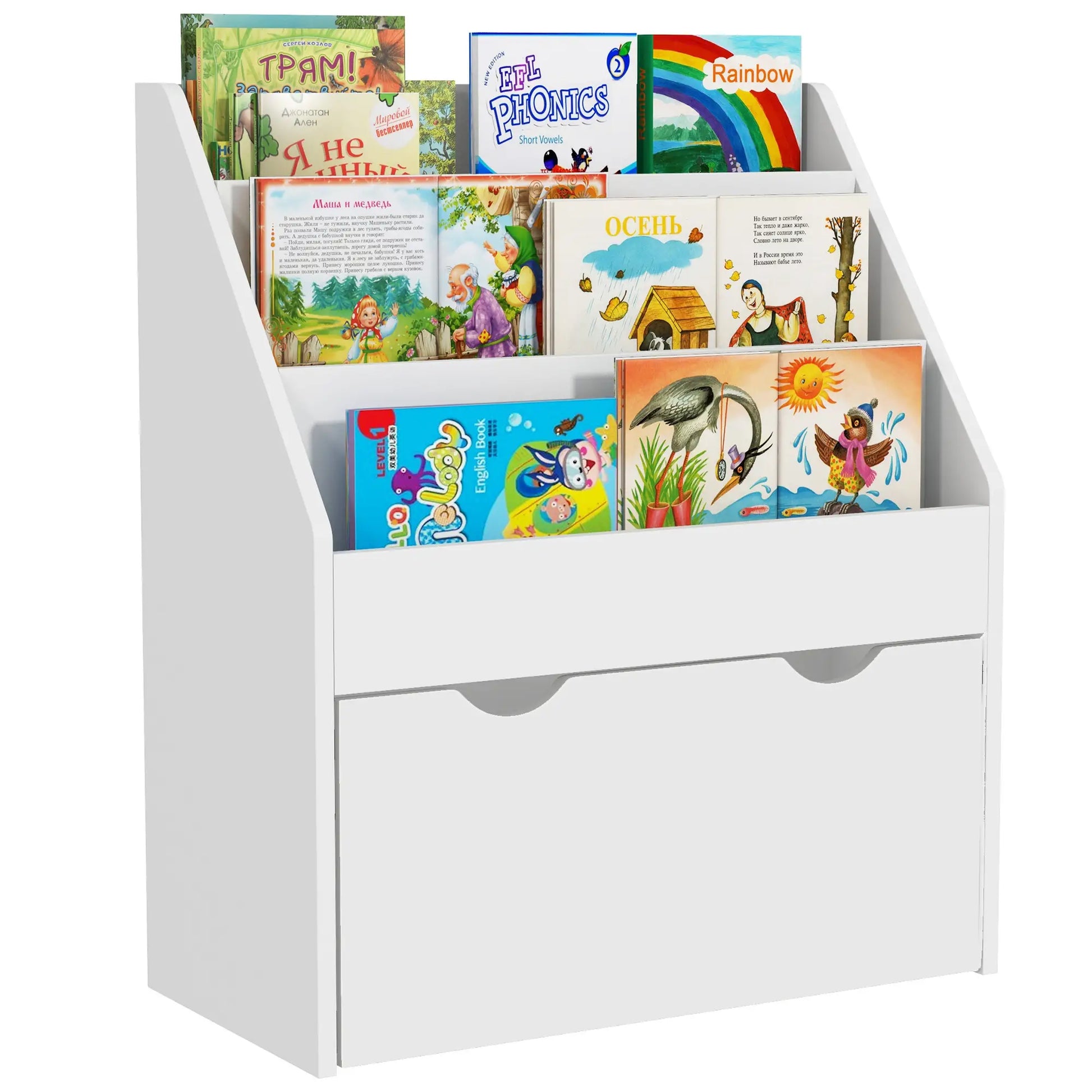 Kids Bookshelf, 3 Tier Display Shelves, Drawer, White Baby & Kids Storage at Gallery Canada