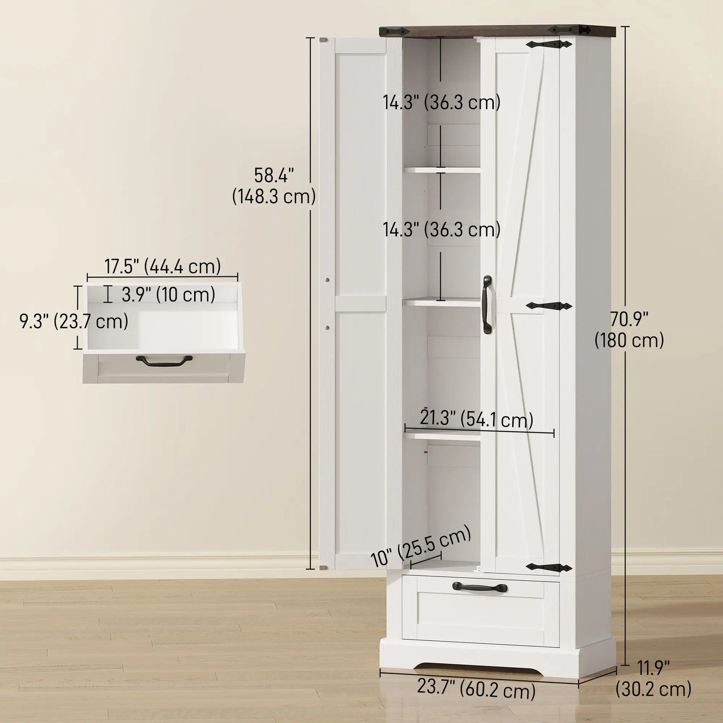 71" Pantry Cabinet, Adjustable Shelves, 2 Doors, Drawer, White Kitchen Pantry Cabinets at Gallery Canada