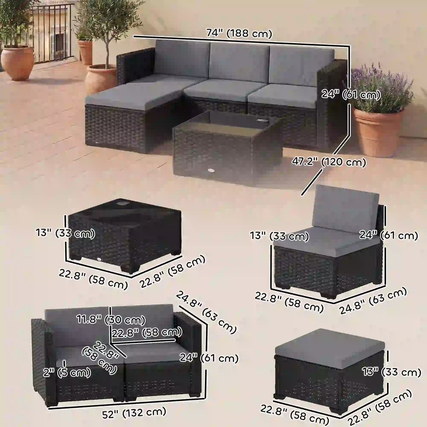 5 Piece Patio Furniture Set, L-Shape Sectional, Grey Patio Furniture Sets at Gallery Canada