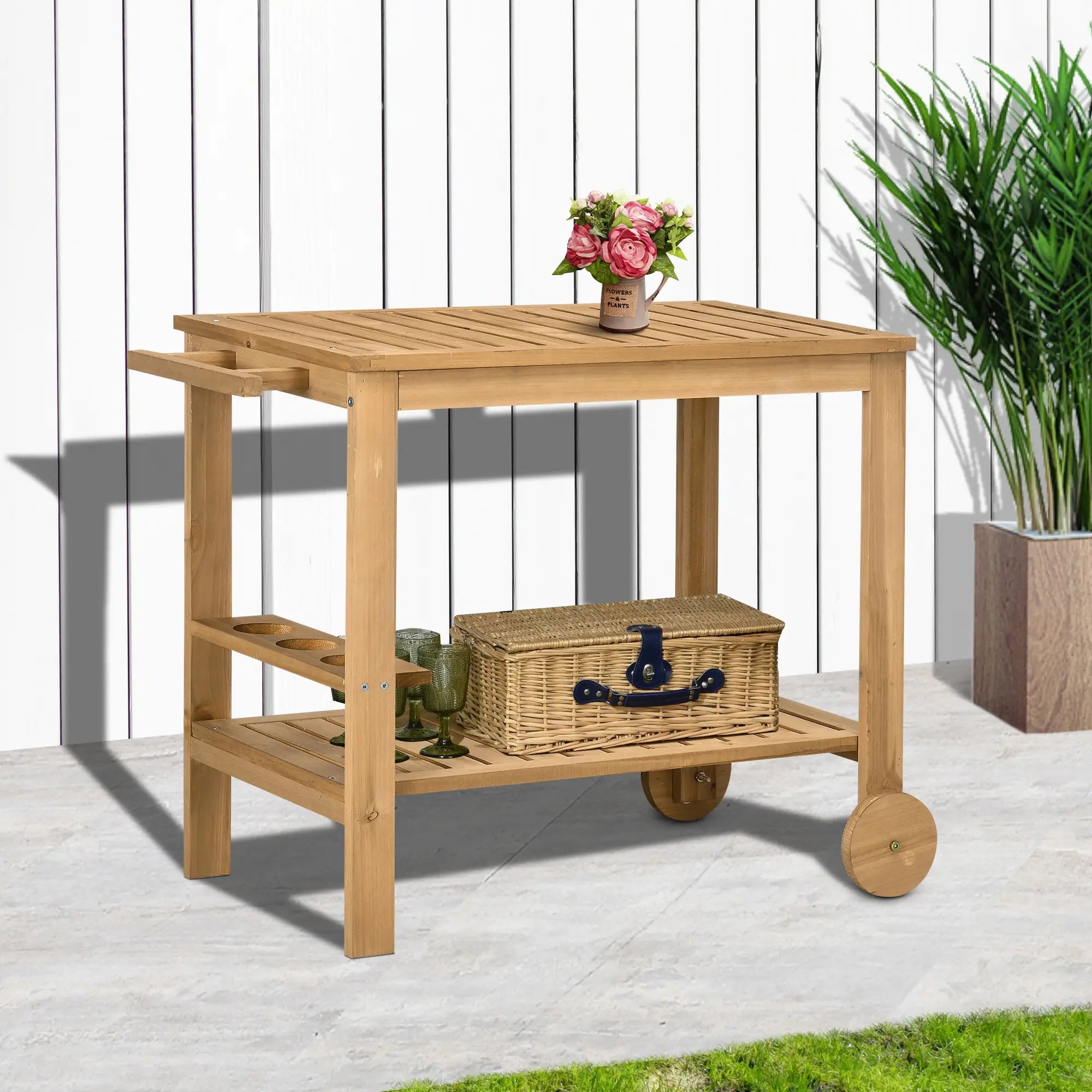 Outdoor Bar Cart, Wood Rolling Serving Cart, 2 Shelves, Wine Bottle Holders Cooler Boxes at Gallery Canada