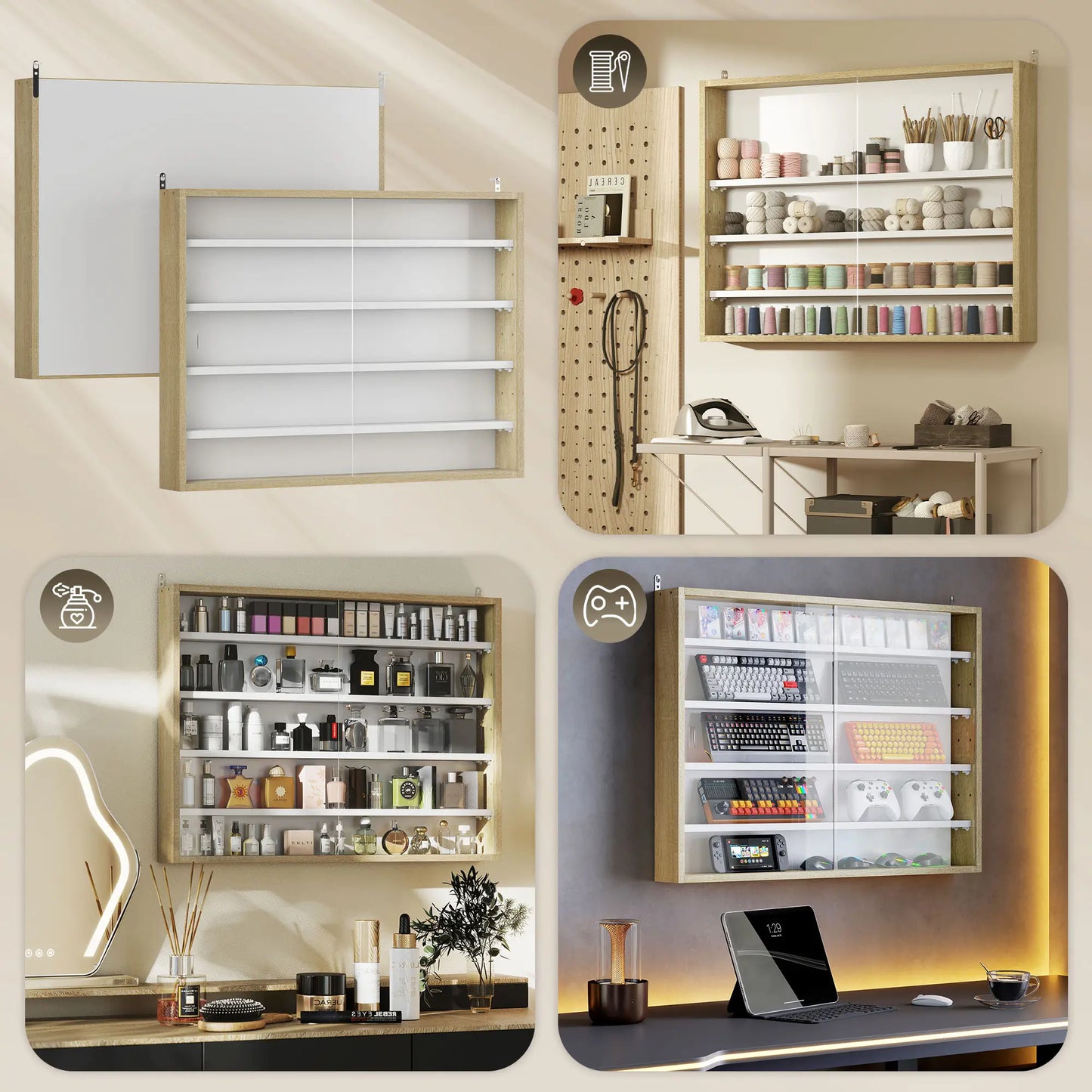 5-Tier Glass Display Cabinet, 2 Doors, 4 Adjustable Shelves, Oak Display Bookshelves at Gallery Canada