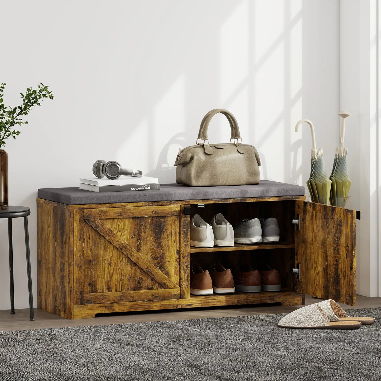 Shoe Storage Bench with Padded Seat, 8 Pairs, Rustic Brown, Brown Shoe Storage Cabinets & Racks at Gallery Canada