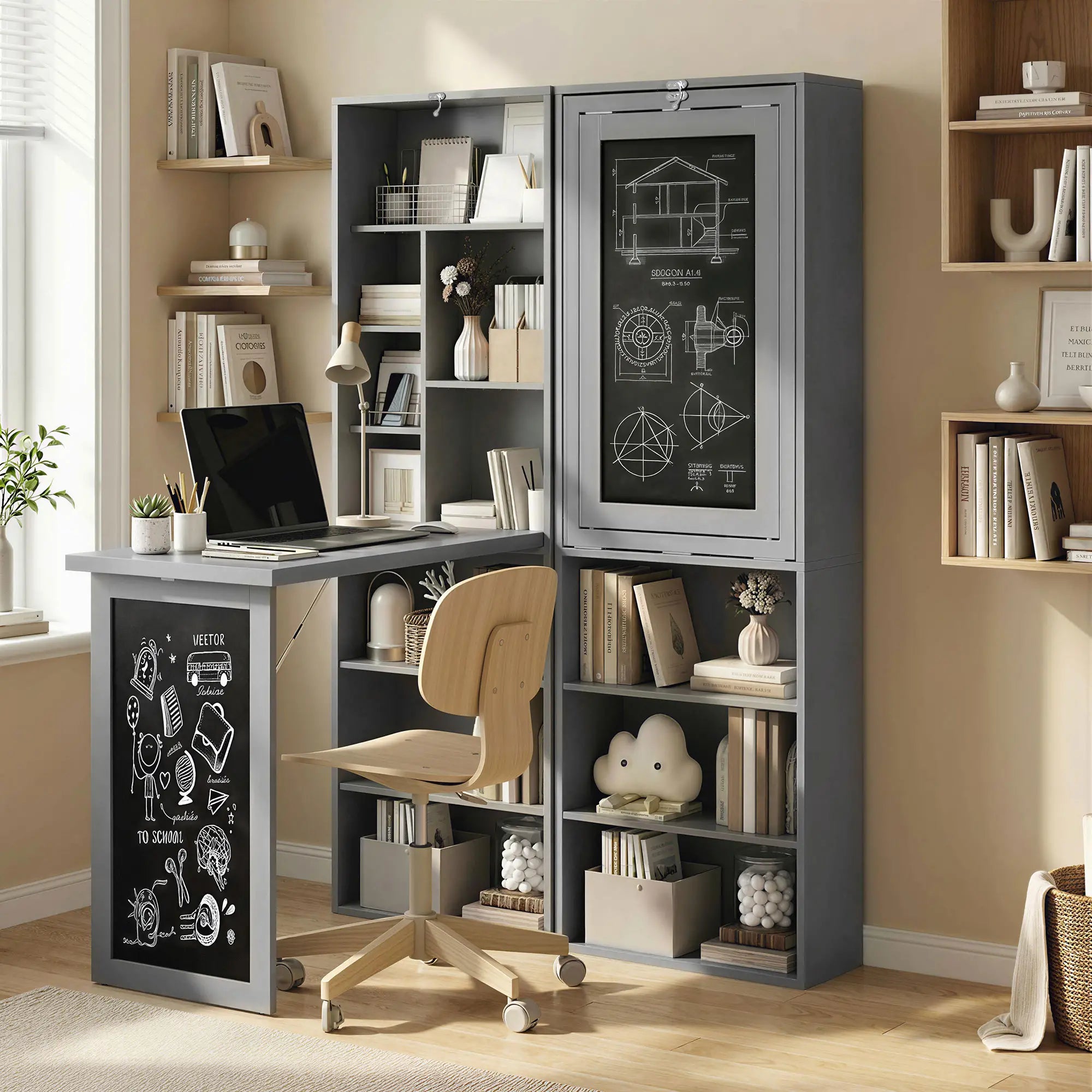 Fold-Out Convertible Office Desk, Wall Mount, Blackboard, Shelf, Charcoal Grey Computer Desks at Gallery Canada