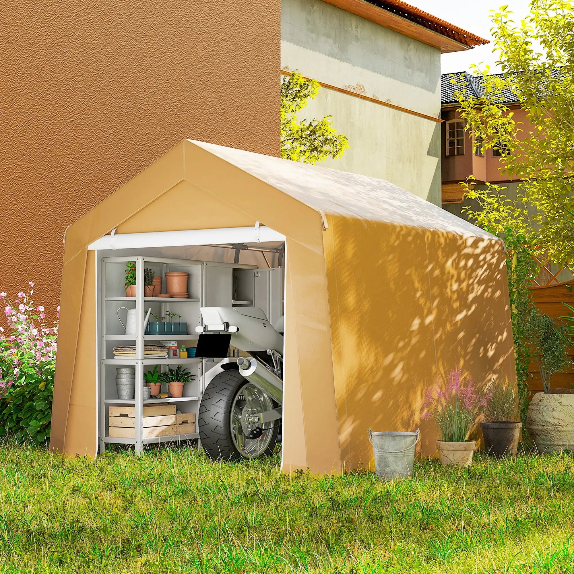 10' x 10' Outdoor Storage Shed, Portable Garage, Roll-up Door, Beige Portable Shed at Gallery Canada