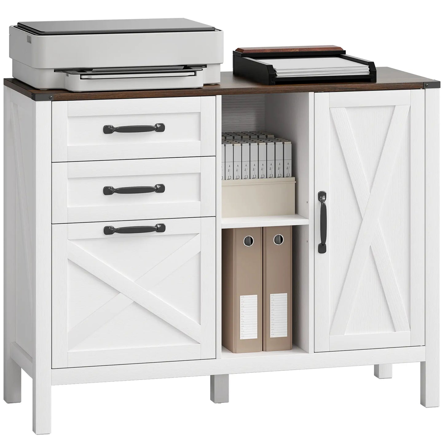 Lateral Filing Cabinet With Drawers, Shelves, Adjustable Hanging Bar, White