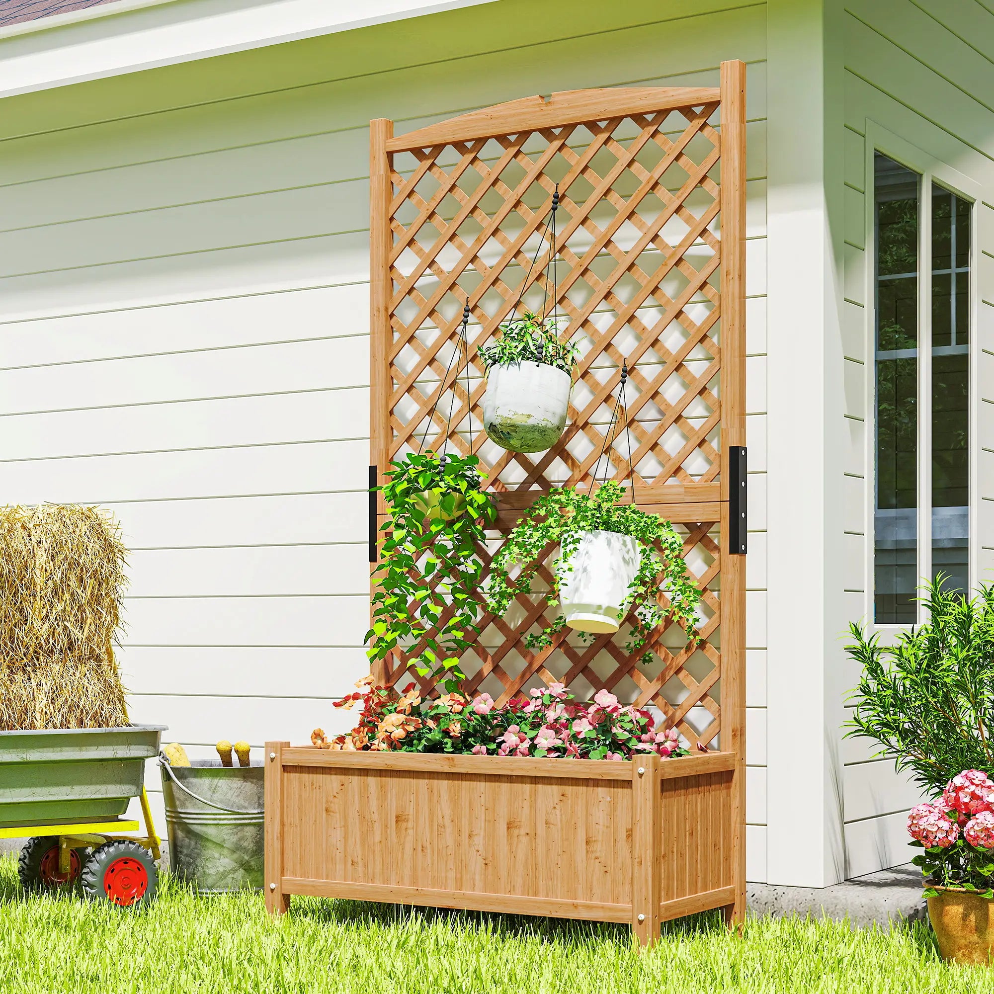 Wooden Raised Garden Bed With Trellis, 35.4