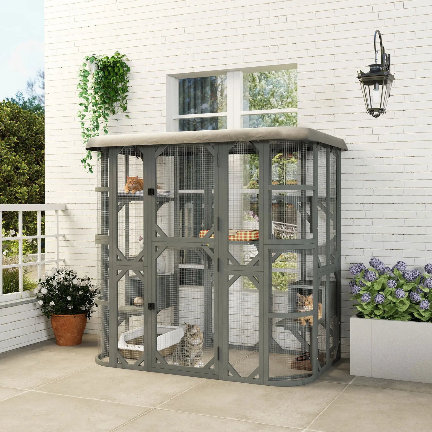 71" Wooden Cat Enclosure, With Platforms And Condos, Grey Outdoor Cat Enclosures at Gallery Canada