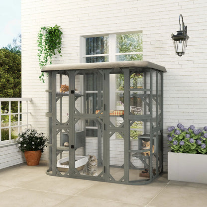 71" Wooden Cat Enclosure, With Platforms And Condos, Grey Outdoor Cat Enclosures at Gallery Canada