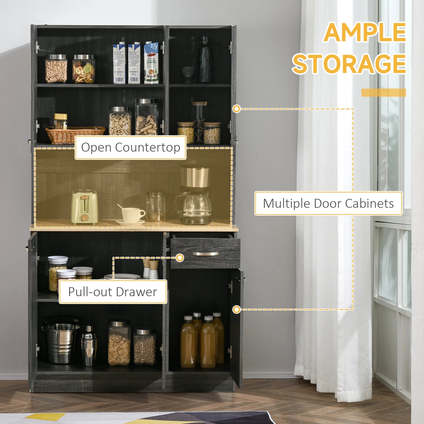 71" Kitchen Buffet with Hutch, Freestanding Cabinet, Black Kitchen Pantry Cabinets at Gallery Canada