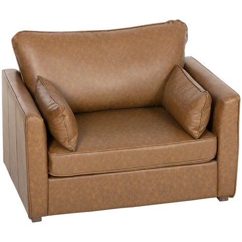PU Leather Armchair, Wide Seat, Spring Cushion, Rubberwood Legs, Brown