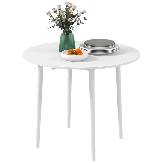 Folding Dining Table, Round Drop Leaf Kitchen Table, Distressed White, White
