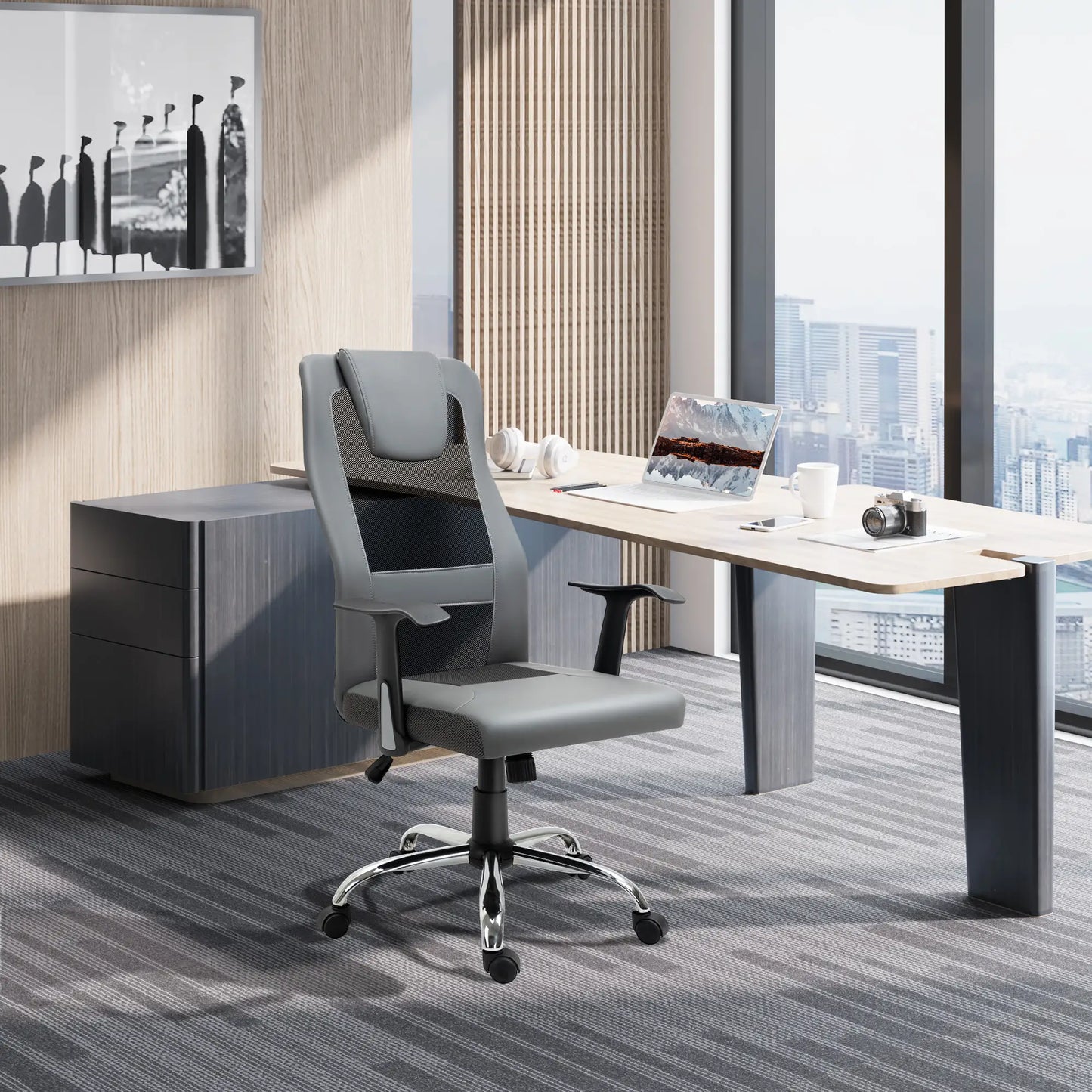 Ergonomic High Back Mesh Office Chair, Thick Padded Headrest, Grey Task Chairs at Gallery Canada