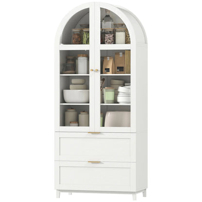 71" Tall White Arched Kitchen Pantry Cabinet, Shelves, 2 Drawers, Acrylic Doors, White Kitchen Pantry Cabinets White at Gallery Canada