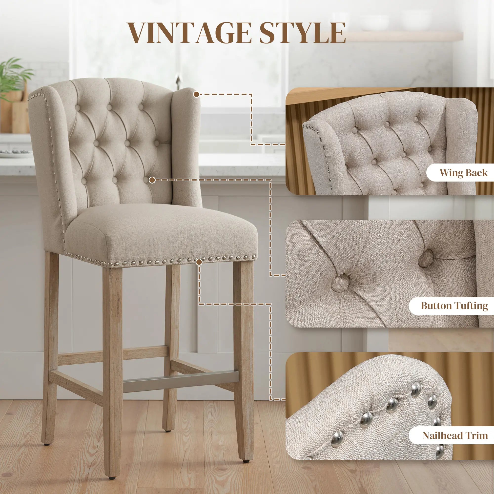 Counter Height Bar Stools Set of 2, Upholstered, Beige Bar Stools at Gallery Canada