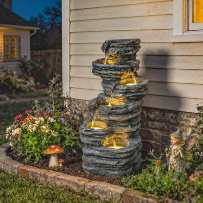 Outdoor 6-Tier Water Fountain, Waterfall With LED Lights, Resin Feature, Grey Water Fountains at Gallery Canada