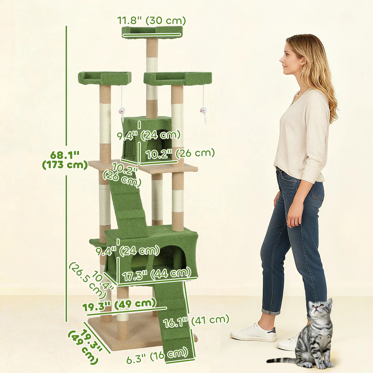 68-Inch Cat Scratching Tree, Multi-Level Activity Center, Green Multi-Level Cat Towers at Gallery Canada