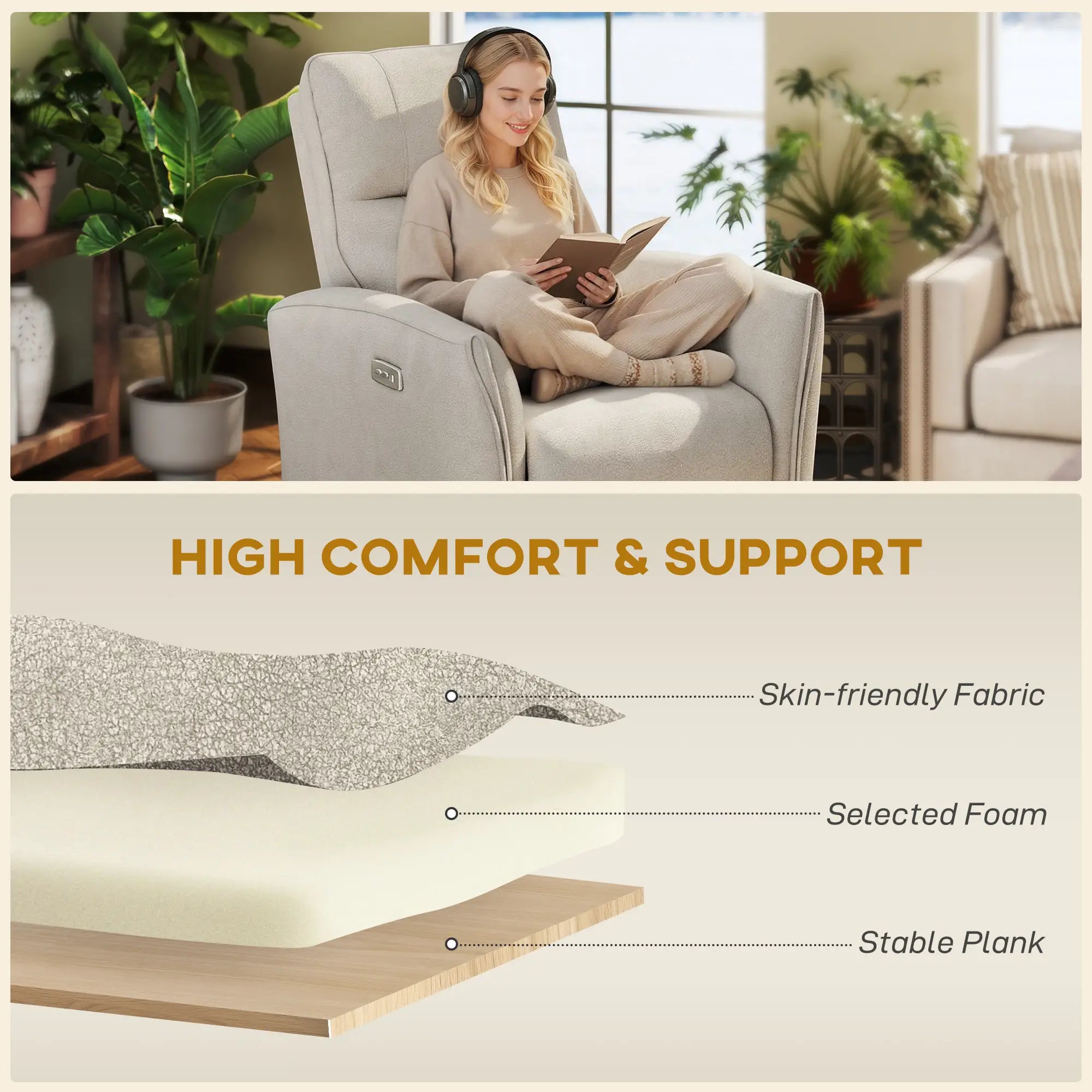 Power Recliner Chair, Fabric Upholstered, USB Ports, Footrest, Beige Sofas & Reclining Chairs at Gallery Canada