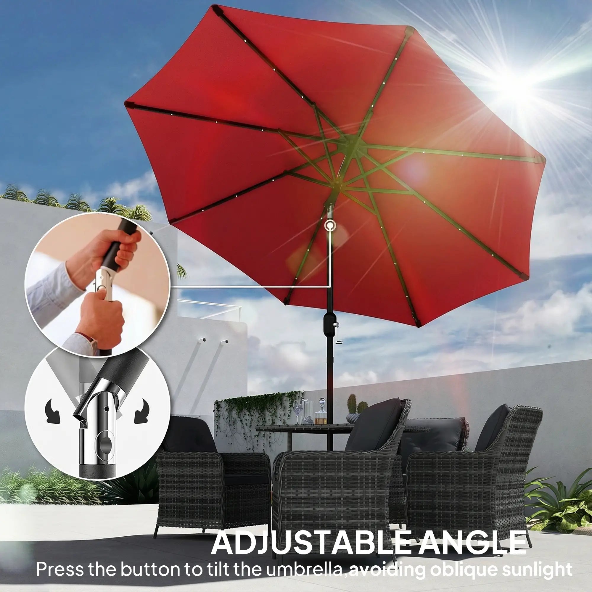 9ft Solar Patio Umbrella, 24 LED Lights, Tilt, Wine Red Sun Umbrellas at Gallery Canada