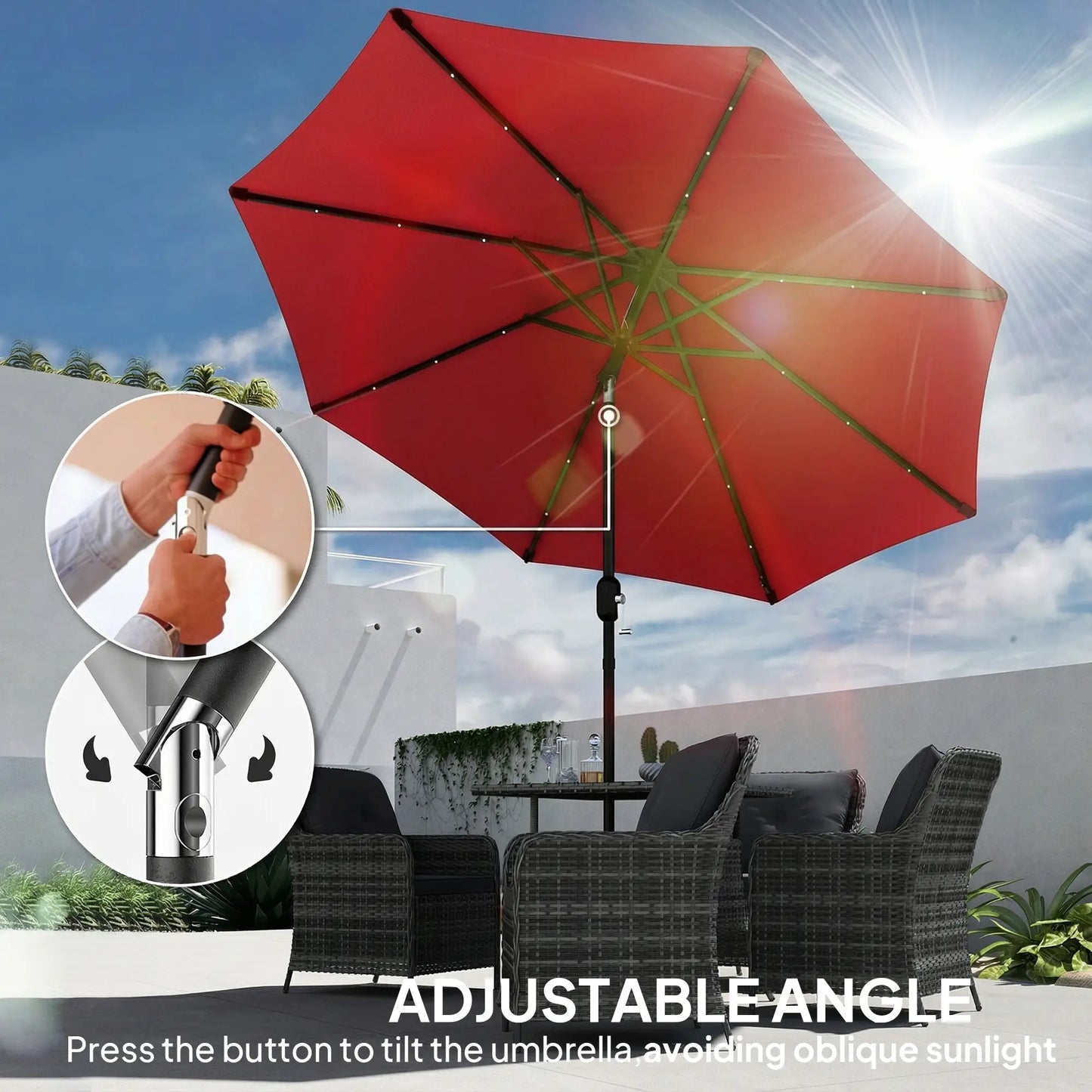 9ft Solar Patio Umbrella, 24 LED Lights, Tilt, Wine Red Sun Umbrellas at Gallery Canada