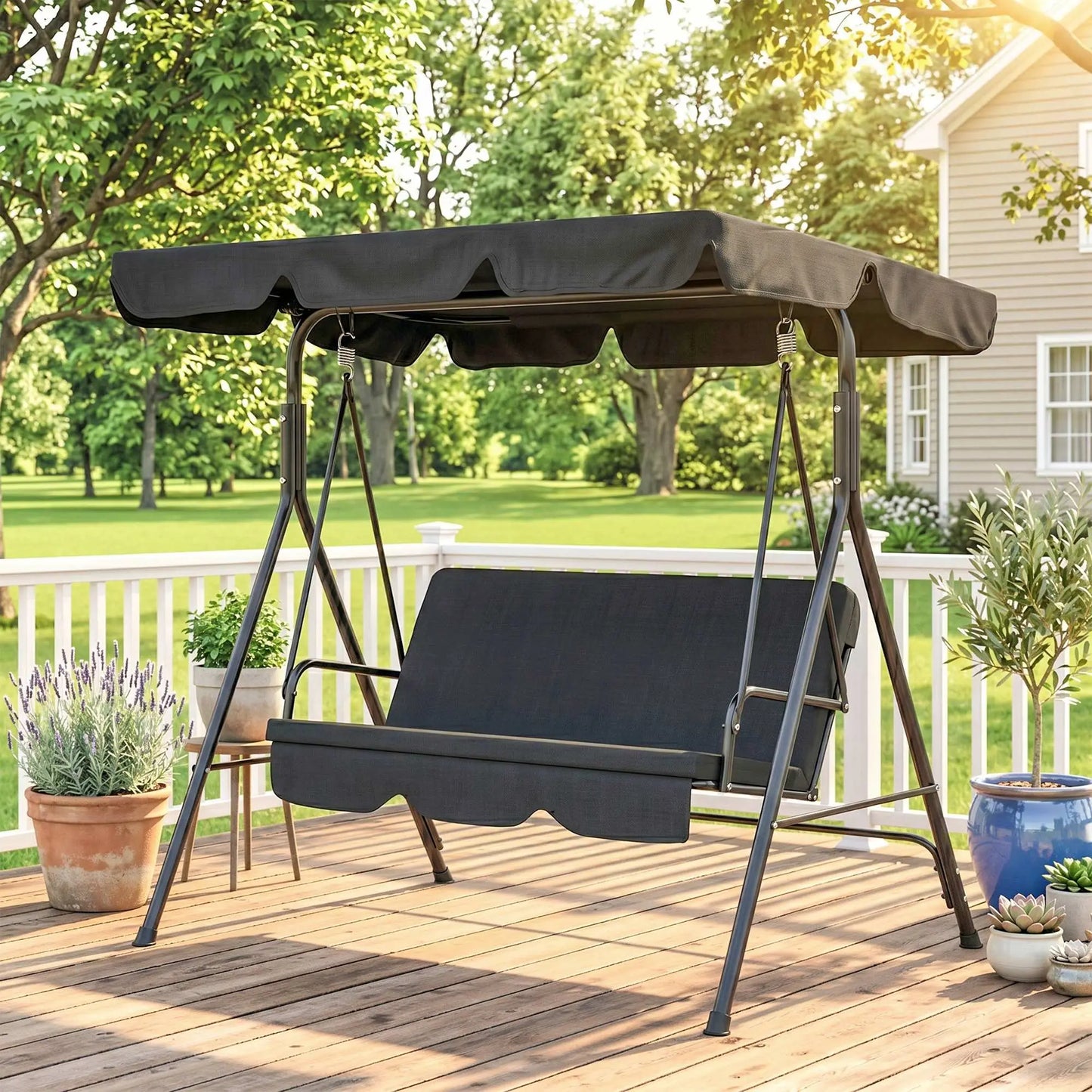 3-Seater Outdoor Porch Swing, Adjustable Canopy, Black Patio Swings with Stand at Gallery Canada