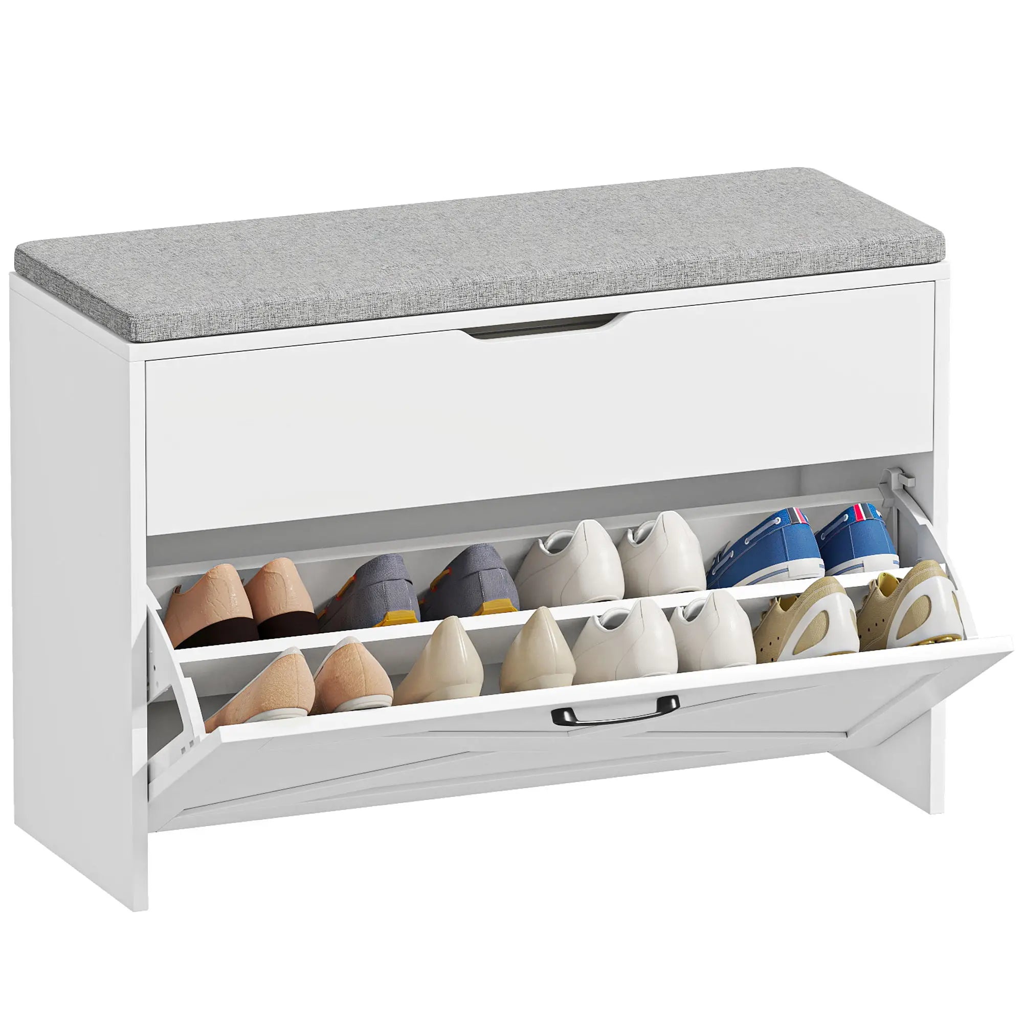 Shoe Storage Bench with Flip Drawer, Lift Top, Seat Cushion, White Shoe Storage Cabinets & Racks at Gallery Canada