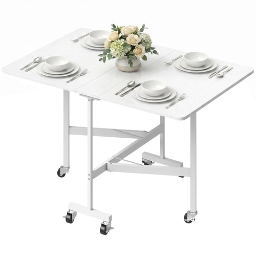 Six-Seater Drop-Leaf Dining Table with Wheels, White