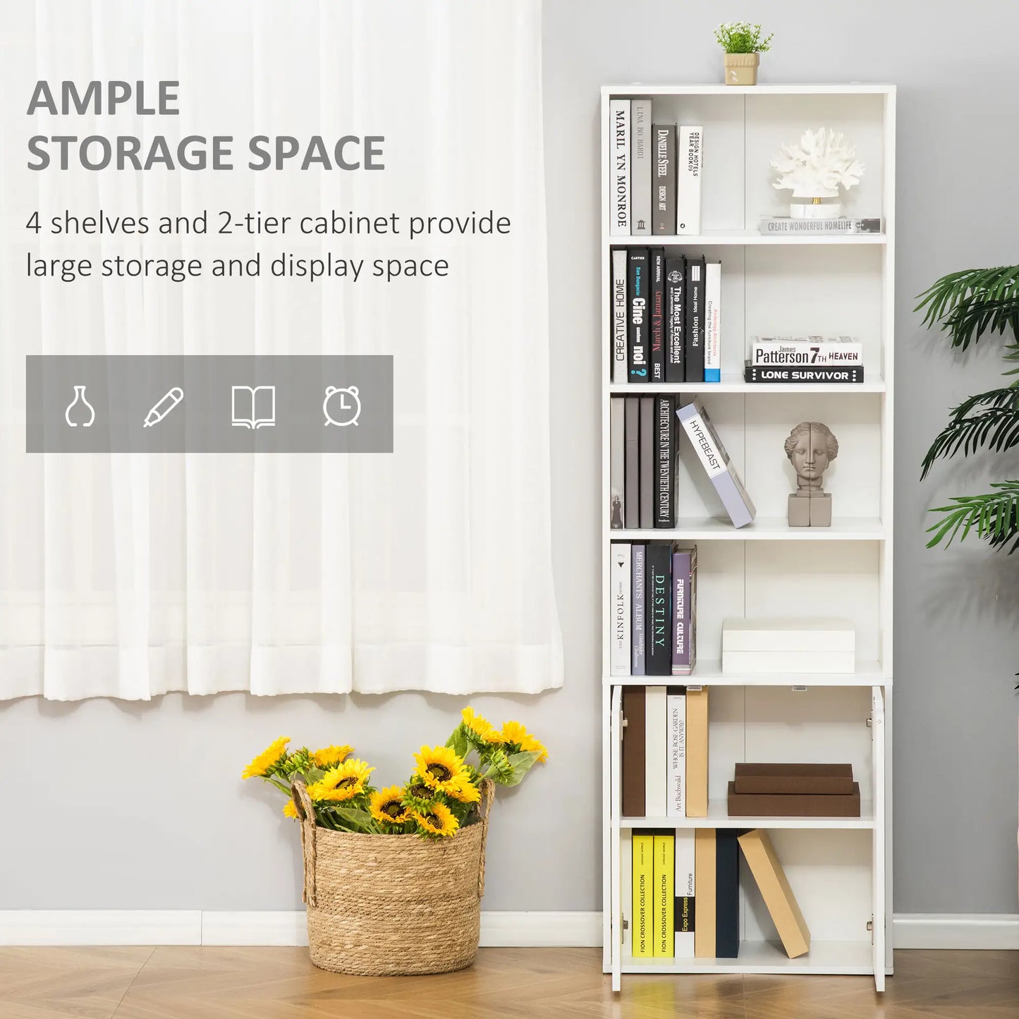 4-Tier Open Bookshelf with Doors, Home Office Bookcase, White White Bookshelves at Gallery Canada