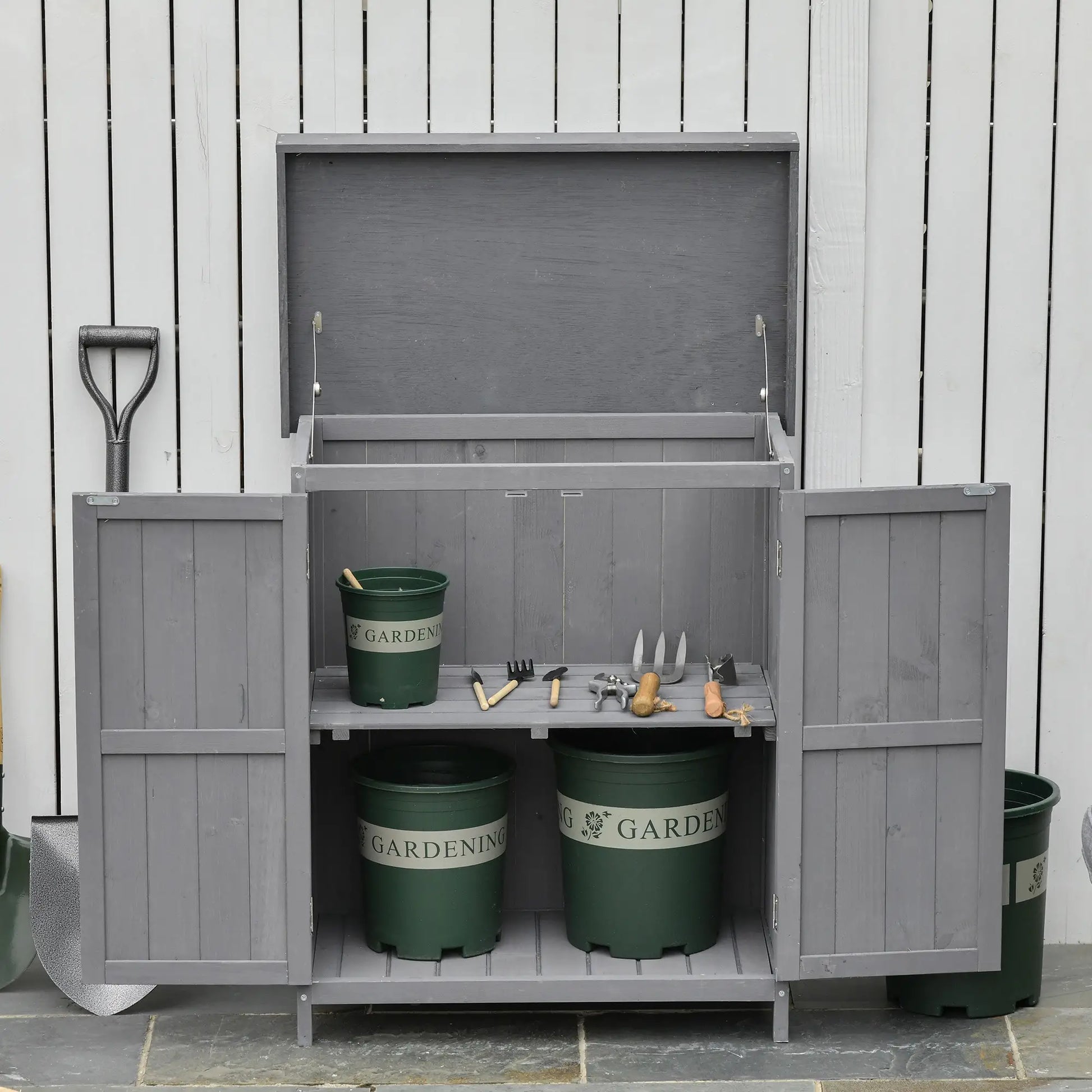 Wooden Garden Tool Shed, Hinged Roof, 2-Tier Shelves, Double Doors, 74x43x88cm, Dark Grey Sheds at Gallery Canada