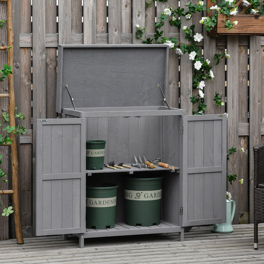 Wooden Garden Tool Storage Shed Kit with Hinged Roof, 2-Tier Shelves and Double Doors, 74x43x88cm, Dark Grey - Gallery Canada