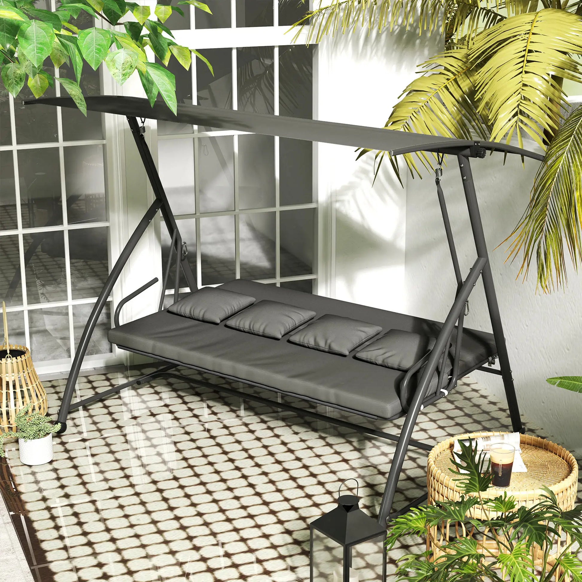 3 Person Patio Swing Chair, Convertible Hammock, Outdoor Lounge Bed, Dark Grey Porch Swings with Canopy at Gallery Canada