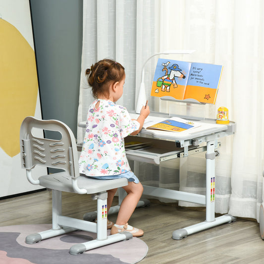Kids Desk and Chair Set Height Adjustable Student Writing Desk Children School Study Table with Tilt Desktop, LED Lamp, Pen Box, Drawer, Reading Board, Cupholder, Grey - Gallery Canada