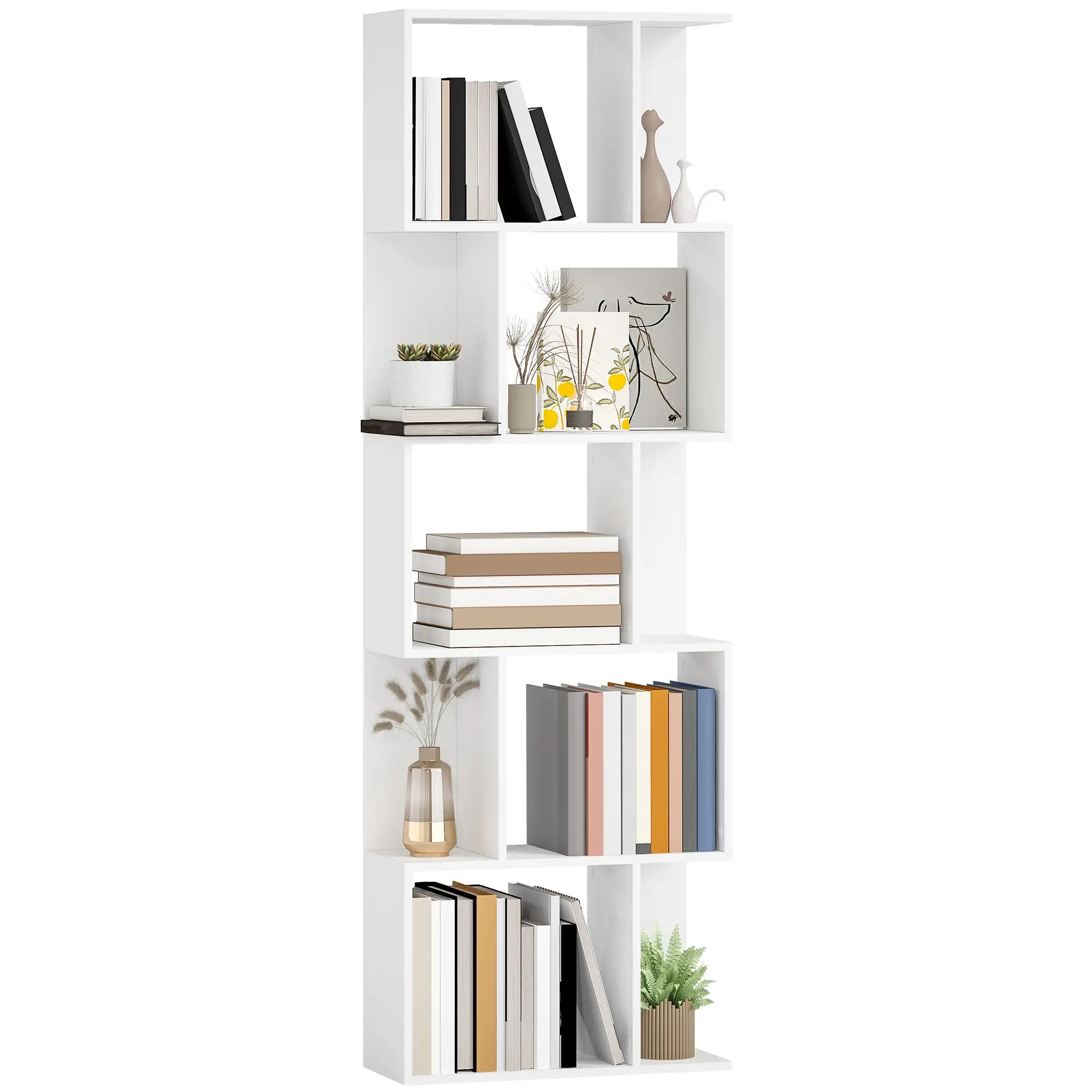 5-Tier Geometric Bookshelf, S Shaped Bookcase, White Display Bookshelves White at Gallery Canada
