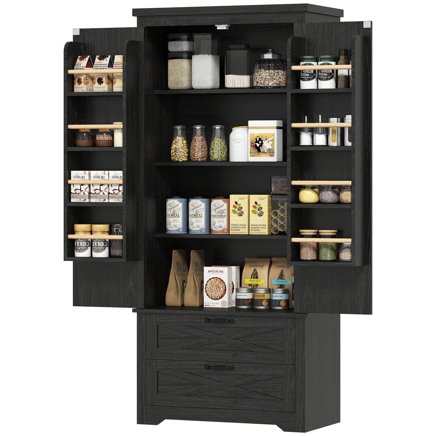 Farmhouse Kitchen Pantry Storage Cabinet, 64 Inch, Distressed Black Kitchen Pantry Cabinets Distressed Black at Gallery Canada