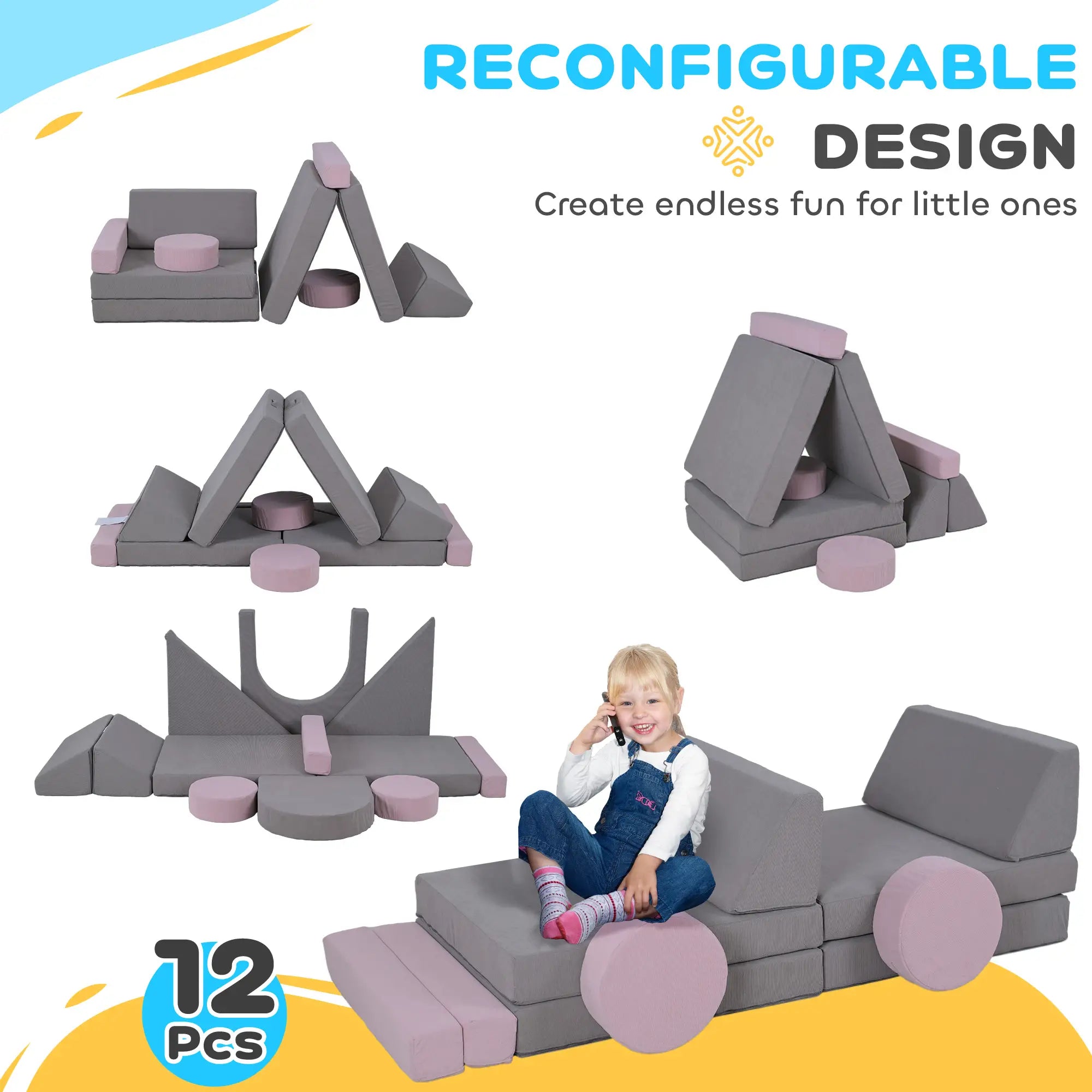 12-Piece Modular Kids Play Couch, Convertible Sofa, Grey Kids Chairs & Seating at Gallery Canada