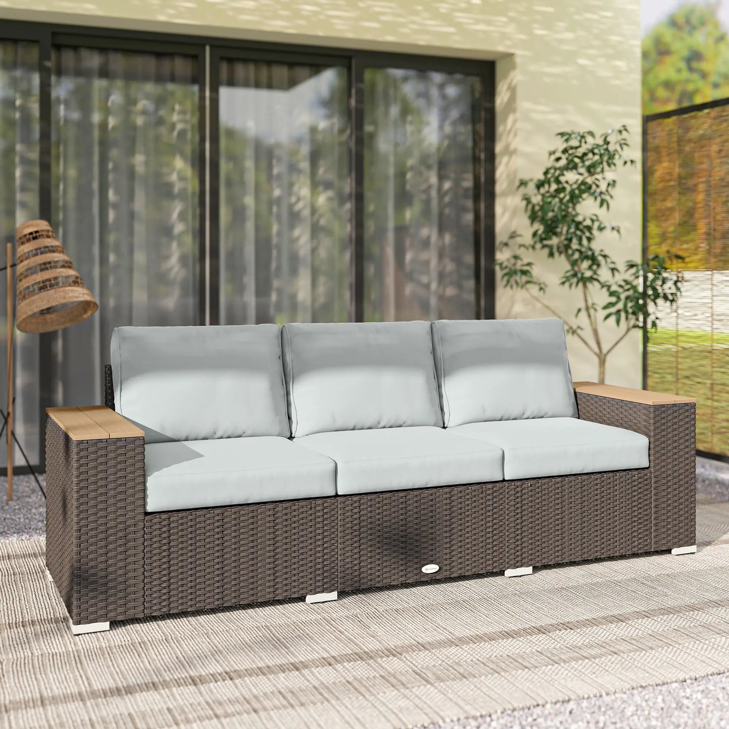 3-Seater Outdoor Sofa, Wicker Patio Couch With Wood Armrests, Grey Patio Furniture Sets at Gallery Canada
