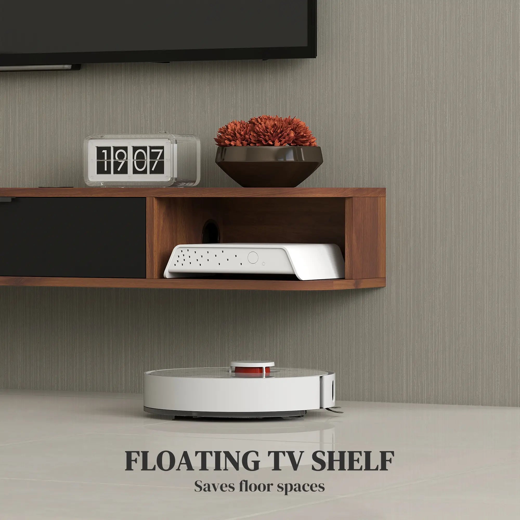 47 Inch Floating TV Stand, Wall Mounted Media Console, Flip Drawer, 2 Open Shelves, Walnut TV Stands at Gallery Canada