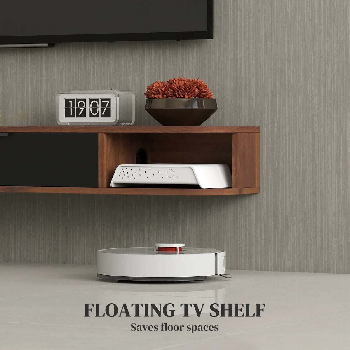 47 Inch Floating TV Stand, Wall Mounted Media Console, Flip Drawer, 2 Open Shelves, Walnut TV Stands at Gallery Canada