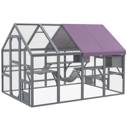 Outdoor Cat Enclosure Wooden Feral Cat House w/ Weatherproof Canopy, Bridges, Resting Boxes, Platforms, for 3-6 Cats Outdoor Cat Enclosures Grey at Gallery Canada