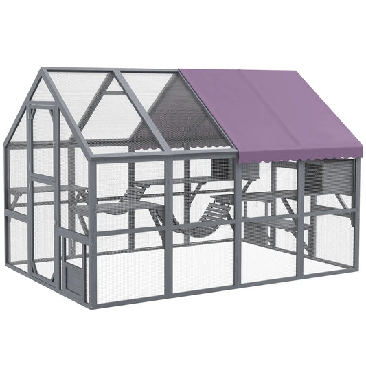 Outdoor Cat Enclosure Wooden Feral Cat House w/ Weatherproof Canopy, Bridges, Resting Boxes, Platforms, for 3-6 Cats Outdoor Cat Enclosures Grey at Gallery Canada