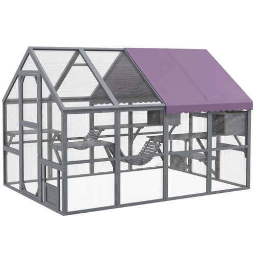 Outdoor Cat Enclosure Wooden Feral Cat House w/ Weatherproof Canopy, Bridges, Resting Boxes, Platforms, for 3-6 Cats