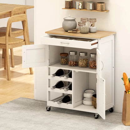 Rolling Kitchen Cart, Island with Storage Drawer, 9-Bottle Wine Rack, White Kitchen Islands & Kitchen Carts at Gallery Canada