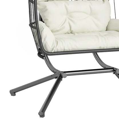 Double Wicker Egg Swing Chair, Foldable with Stand, UV Resistant Cushion, Cream White Patio Swings with Stand at Gallery Canada