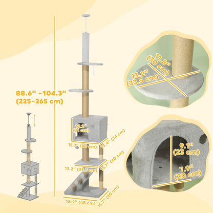 89"-104" Cat Tree, Scratching Post, Cat House, 3-Steps, Hanging Ball, Light Grey Floor to Ceiling Cat Trees at Gallery Canada
