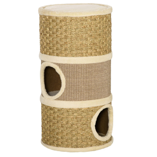 Cat Condo 3 Story Three Holes with Sisal Seaweed Scratching Cover Surface, Cat Tower for Indoor Cats, 15" x 28", Khaki and Brown - Gallery Canada