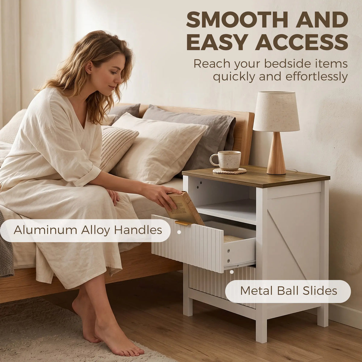 Nightstand With 2 Fluted Drawers, Open Shelf, Anti-Tipping, White Walnut, White Walnut Bedside Tables at Gallery Canada