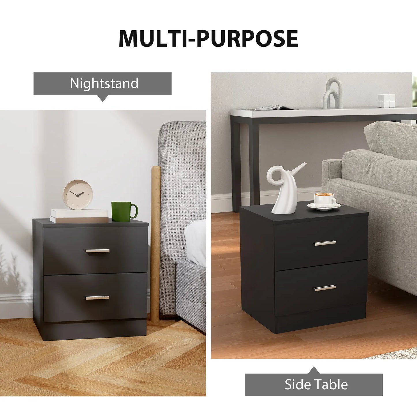 Modern Bedside Table, 2 Drawers, Nightstand for Bedroom, Black Bedside Tables at Gallery Canada