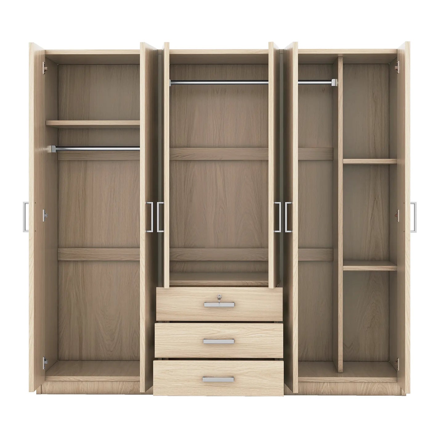 Wooden Wardrobe, 3 Drawers, MDF, Silver Handles, 71" L x 19" W x 68" H, Natural Clothing Storage at Gallery Canada