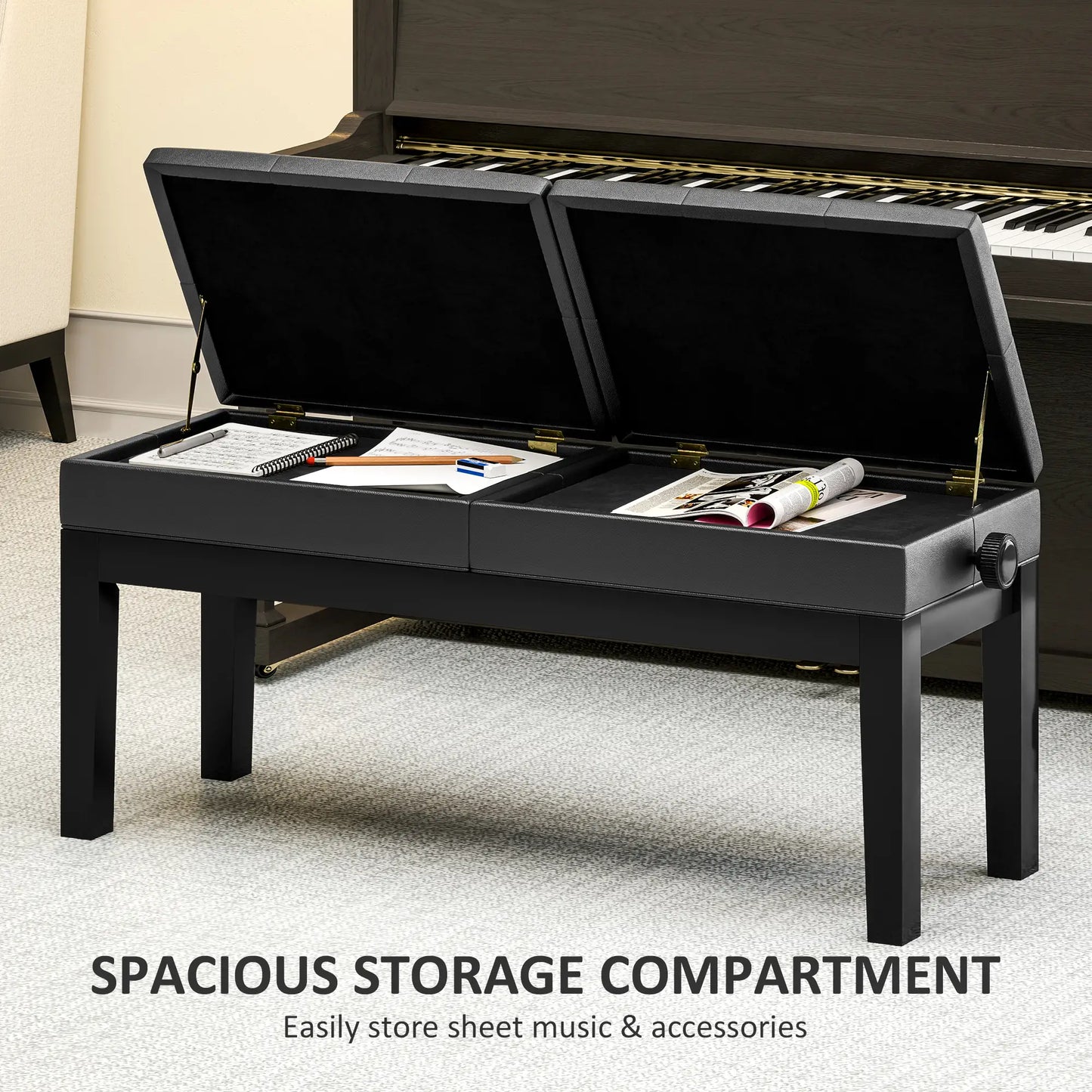 Height Adjustable Piano Bench with Storage, PU Leather Tufted, Black Piano Benches at Gallery Canada