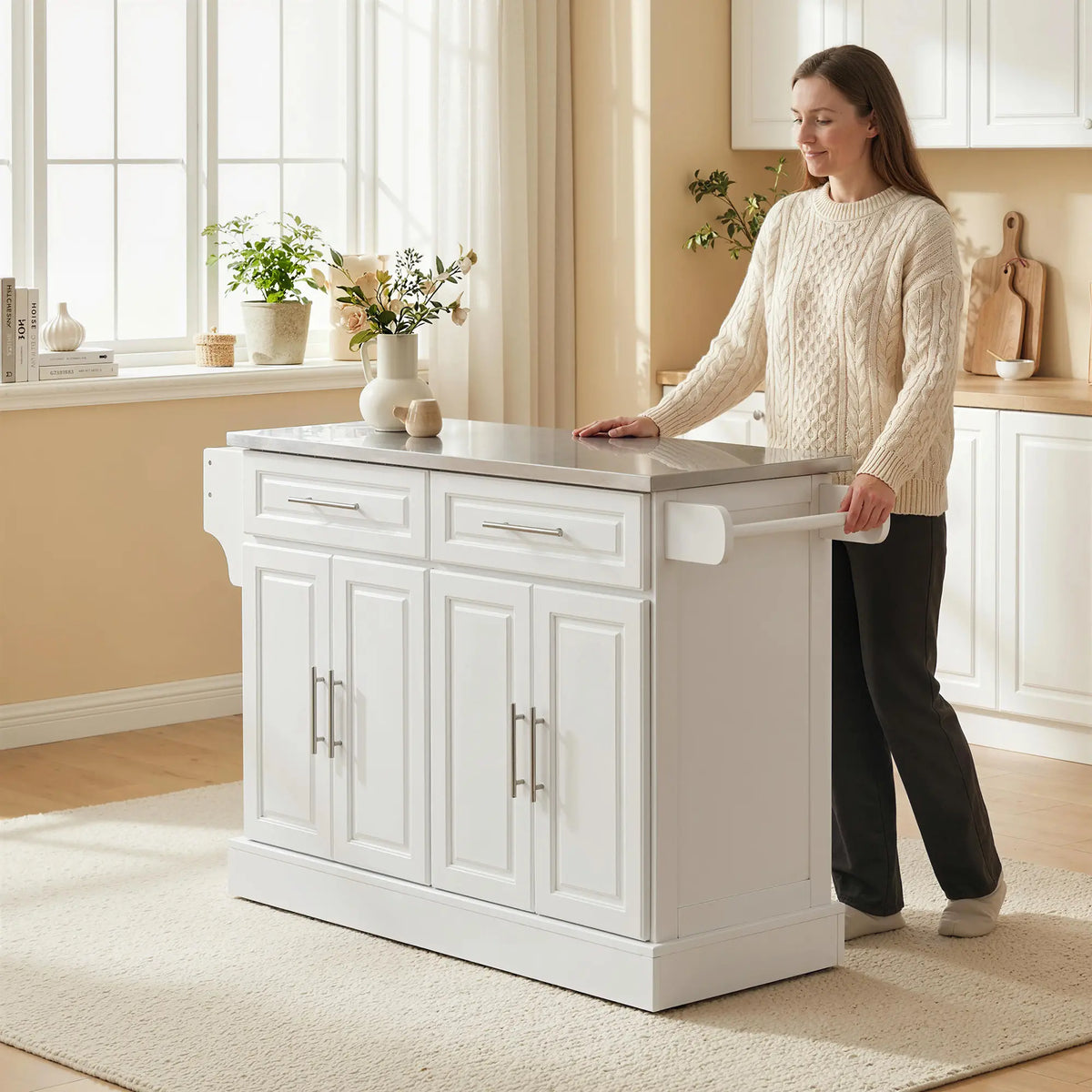 Rolling Kitchen Island with Storage, Stainless Steel Top, Drawers, Cabinets Kitchen Islands & Kitchen Carts at Gallery Canada